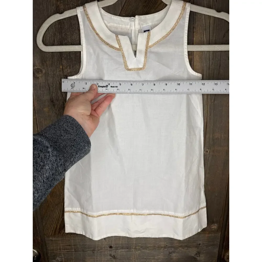 Janie and Jack White Dress Girls Size 4, 100% Cotton, Gold-Trimmed V-Neck